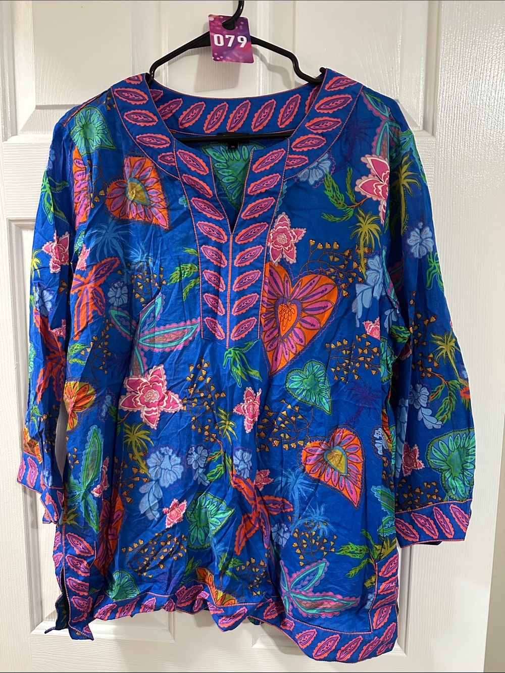 Talbots Royal Blue Tropical Floral V-Neck Tunic with Pink Trim